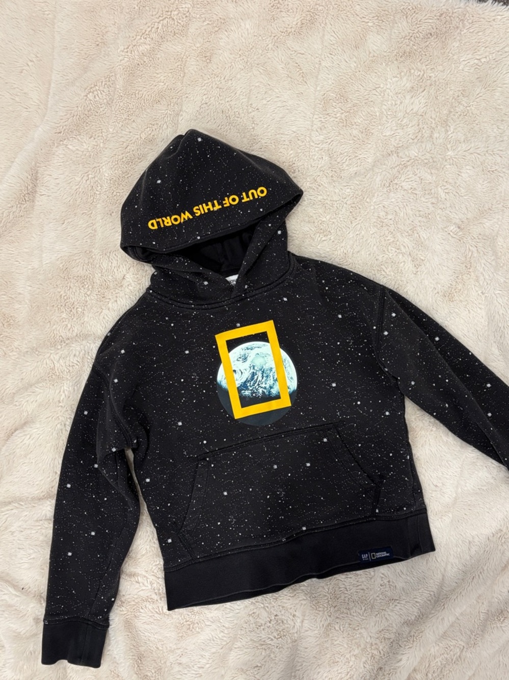 Black Speckled Hoodie with Yellow Planet Graphic